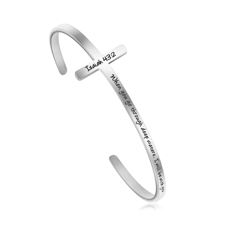 MEMGIFT Cross Bracelet Religious Cuff Bangle Bible Verse Jewelry Gift for Women Engraved When You go through Deep Waters I Will be with You - Image 1